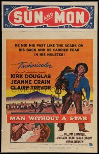 7c254 MAN WITHOUT A STAR WC '55 art of cowboy Kirk Douglas carrying saddle, Jeanne Crain