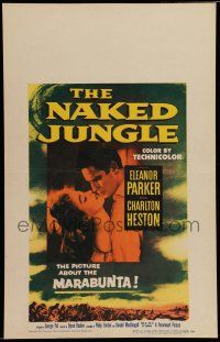 7c280 NAKED JUNGLE WC '54 romantic close up of Charlton Heston & Eleanor Parker, George Pal