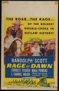 7c309 RAGE AT DAWN WC '55 cool artwork of outlaw hunter Randolph Scott on horseback!
