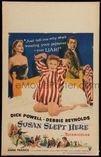 7c359 SUSAN SLEPT HERE WC '54 great artwork of sexy Debbie Reynolds in pajamas kneeling on bed!