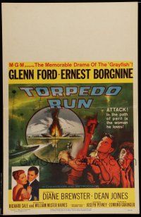 7c384 TORPEDO RUN WC '58 artwork of Glenn Ford & Ernest Borgnine in submarine at periscope!