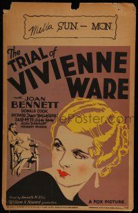 7c388 TRIAL OF VIVIENNE WARE WC '32 great art c/u of pretty blonde Joan Bennett & her attacked!