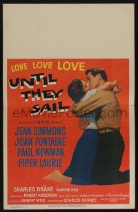 7c395 UNTIL THEY SAIL WC '57 great romantic close up of Paul Newman & sexy Jean Simmons!