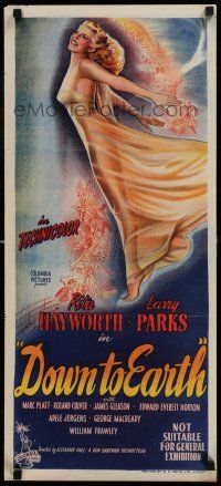 7f038 DOWN TO EARTH Aust daybill '46 wonderful full-length artwork of sexiest Rita Hayworth!