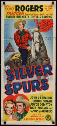 7f046 SILVER SPURS Aust daybill '43 art of Roy Rogers close up w/Brooks & riding Trigger!