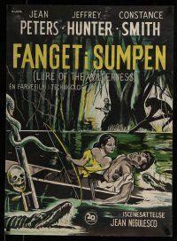 7f655 LURE OF THE WILDERNESS Danish '53 art of sexy Jean Peters & wounded Jeff Hunter in swamp!