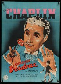 7f662 MONSIEUR VERDOUX Danish '47 stone litho of Charlie Chaplin as modern French Bluebeard!