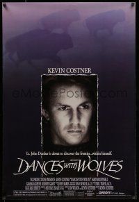 7g165 DANCES WITH WOLVES DS 1sh '90 close portrait of Kevin Costner & running buffalo!