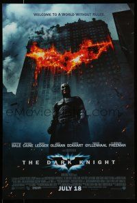 7g167 DARK KNIGHT int'l advance DS 1sh '08 Christian Bale as Batman in front of flaming building!