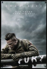 7g265 FURY teaser DS 1sh '14 great image of soldier Brad Pitt, war never ends quietly!
