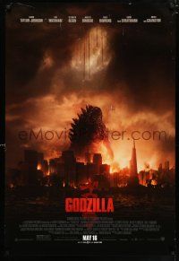7g274 GODZILLA advance DS 1sh '14 Bryan Cranston, cool image of monster & burning city!