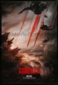 7g276 GODZILLA teaser DS 1sh '14 image of soldiers parachuting over monster & burning city!