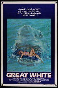 7g289 GREAT WHITE style A 1sh '82 great artwork of huge shark attacking girl in bikini on raft!