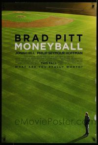 7g516 MONEYBALL advance DS 1sh '11 great image of Brad Pitt standing on baseball field!