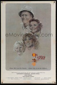 7g564 ON GOLDEN POND 1sh '81 art of Hepburn, Henry Fonda, and Jane Fonda by C.D. de Mar!