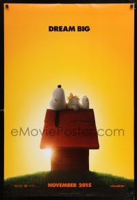 7g577 PEANUTS MOVIE style A teaser DS 1sh '15 wonderful image of Snoopy and Woodstock on doghouse!