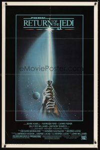 7g633 RETURN OF THE JEDI 1sh '83 George Lucas classic, great artwork of hands holding lightsaber!
