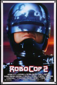 7g647 ROBOCOP 2 1sh '90 great close up of cyborg policeman Peter Weller, sci-fi sequel!