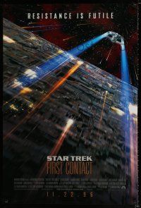 7g719 STAR TREK: FIRST CONTACT int'l advance 1sh '96 image of starship Enterprise above Borg cube!