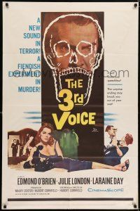 7h019 3rd VOICE 1sh '60 cool image of Edmund O'Brien in huge skull + sexy Julie London!