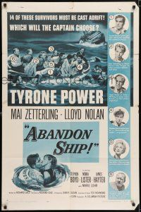 7h023 ABANDON SHIP 1sh '57 Tyrone Power & 25 survivors in a lifeboat which can hold only 12!