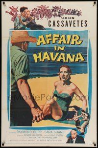 7h034 AFFAIR IN HAVANA 1sh '57 John Cassavetes in Cuba, art of Sara Shane in swimsuit on beach!