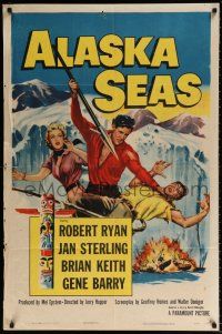 7h039 ALASKA SEAS 1sh '54 cool art of Robert Ryan attacking man with harpoon!