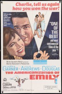 7h047 AMERICANIZATION OF EMILY reviews 1sh '64 James Garner, Julie Andrews, Paddy Chayefsky!