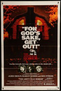 7h050 AMITYVILLE HORROR 1sh '79 great image of haunted house, for God's sake get out!