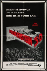 7h053 ANDY WARHOL'S FRANKENSTEIN 1sh R80s cool 3D art of near-naked girl coming off screen!