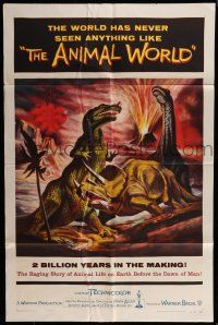 7h058 ANIMAL WORLD 1sh '56 great artwork of prehistoric dinosaurs & erupting volcano!
