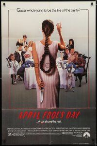 7h064 APRIL FOOLS DAY 1sh '86 wacky horror, great image of girl with knife & noose hair!