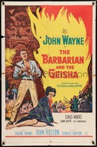 7h076 BARBARIAN & THE GEISHA 1sh '58 John Huston, art of John Wayne with torch & Eiko Ando!