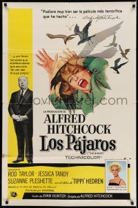 7h106 BIRDS Spanish/U.S. export 1sh '63 Alfred Hitchcock, Tippi Hedren, classic art of attacking avians!