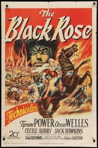 7h112 BLACK ROSE 1sh '50 great fiery action artwork of Tyrone Power & Orson Welles!