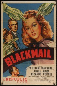 7h119 BLACKMAIL 1sh '47 cool film noir art of green hands pointing at Adele Mara!