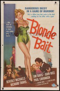 7h126 BLONDE BAIT 1sh '56 full-length sexy smoking bad girl Beverly Michaels is a silken trap!