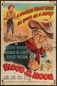 7h128 BLOOD ON THE MOON 1sh '49 art of cowboy Robert Mitchum pointing gun & Barbara Bel Geddes!