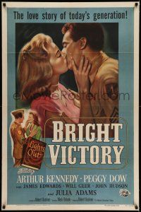 7h173 BRIGHT VICTORY 1sh '51 close up of blind Arthur Kennedy kissing pretty Peggy Dow!