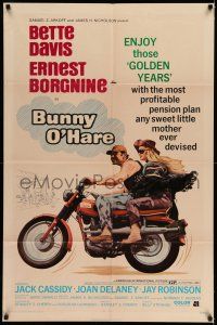 7h190 BUNNY O'HARE 1sh '71 Bette Davis & Ernest Borgnine on Triumph motorcycle!