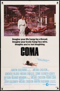 7h227 COMA 1sh '77 Genevieve Bujold finds room full of coma patients in special harnesses!