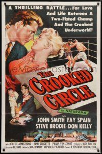 7h242 CROOKED CIRCLE 1sh '57 two-fisted boxing champ vs crooked underworld, cool art!