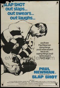 7h009 SLAP SHOT English 1sh '77 cool different image of hockey player Paul Newman in fight!