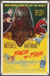 7h298 FACE OF FIRE 1sh '59 Albert Band, wild horror art, would you dare lift the mask?
