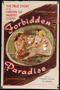 7h325 FORBIDDEN PARADISE 1sh '58 great images of naked people at nudist colony!