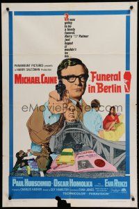 7h354 FUNERAL IN BERLIN 1sh '67 cool art of Michael Caine pointing gun, directed by Guy Hamilton!