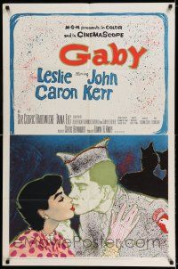 7h357 GABY 1sh '56 wonderful close up art of soldier John Kerr kissing Leslie Caron!