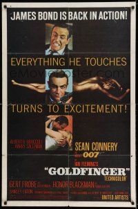 7h375 GOLDFINGER 1sh '64 3 great images of Sean Connery as James Bond + golden Shirley Eaton!