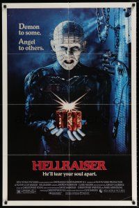 7h405 HELLRAISER 1sh '87 Clive Barker horror, great image of Pinhead, he'll tear your soul apart!