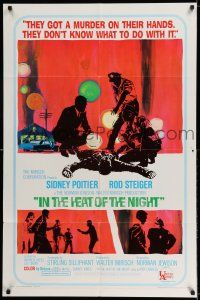 7h424 IN THE HEAT OF THE NIGHT 1sh '67 Sidney Poitier, Rod Steiger, Warren Oates, cool crime art!